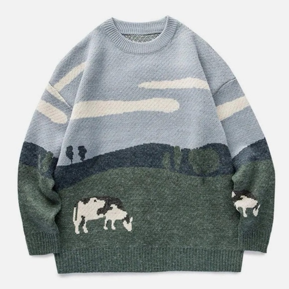 Aelfric Eden Cow In A Pasture All Over Print Knit Pullover Sweater